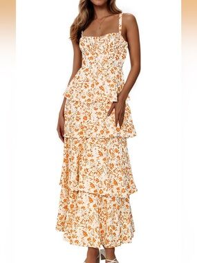 Orange Floral Open Back Tiered Dress - Size Medium